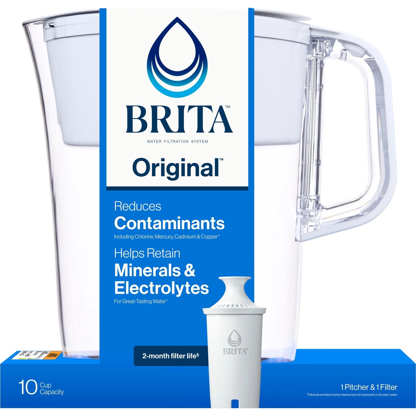 10 Cup Large Plastic Water Filter Pitcher, White, BPA Free with 1 Standard  Filter