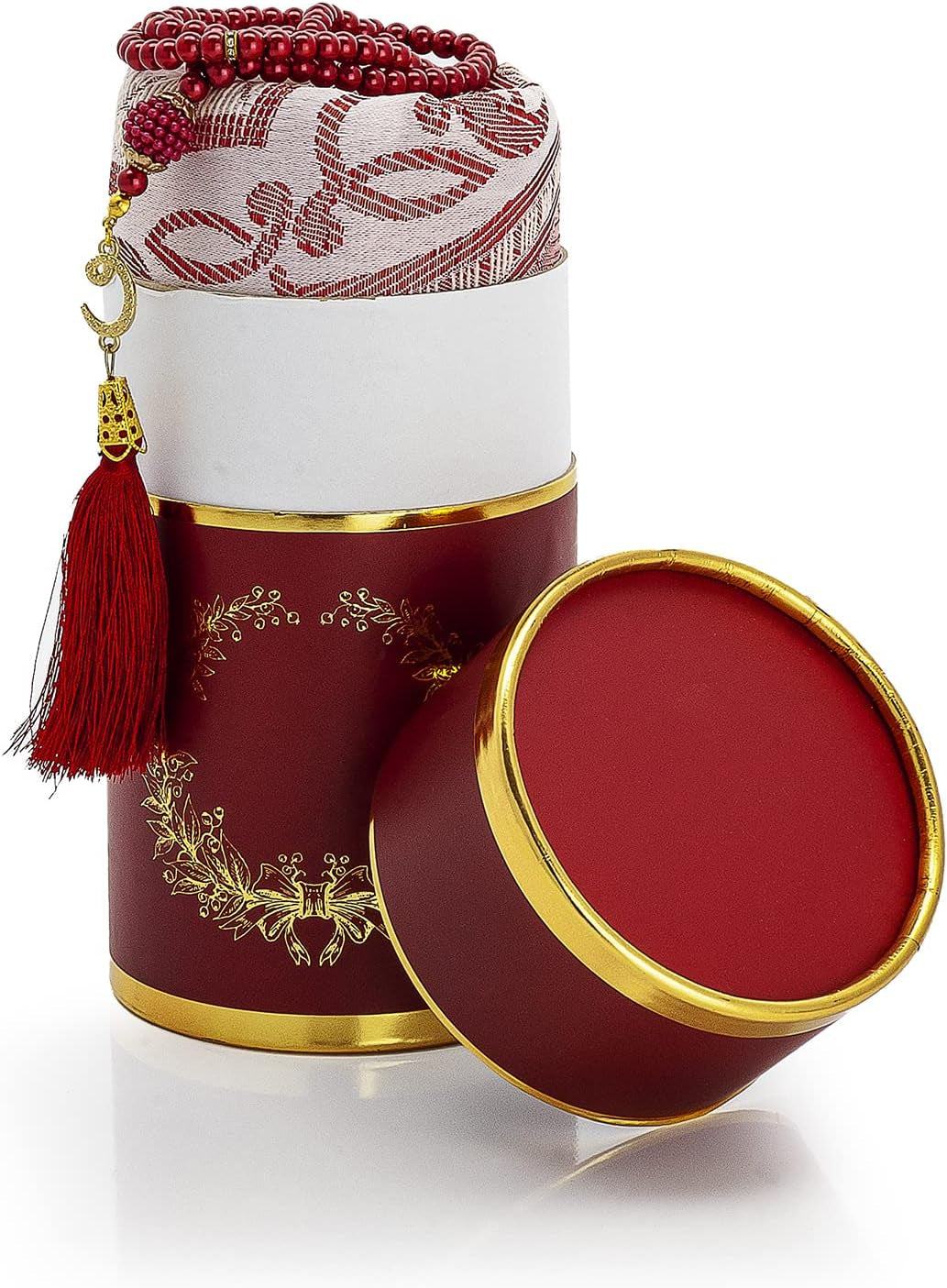 Muslim Prayer Rug and Prayer Beads with Elegant Design Cylinder Gift Box, Janamaz, Soft Sajadah, Islamic Gifts Set, Portable Prayers Carpet Mat, Taffeta Fabric, Burgundy