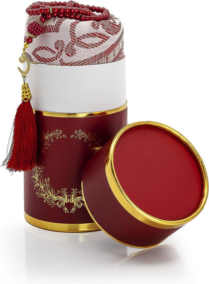 Muslim Prayer Rug and Prayer Beads with Elegant Design Cylinder Gift Box, Janamaz, Soft Sajadah, Islamic Gifts Set, Portable Prayers Carpet Mat, Taffeta Fabric, Burgundy